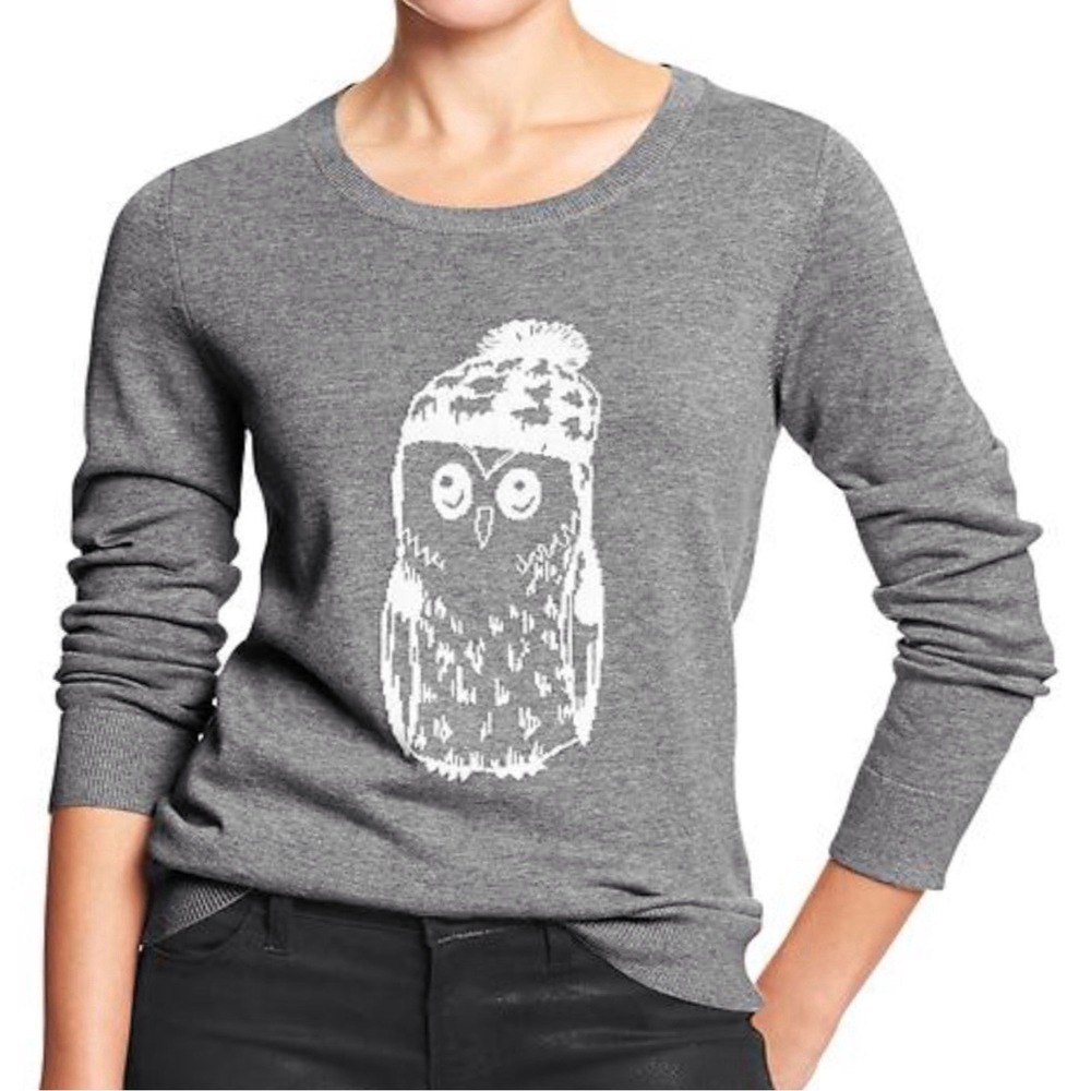 Banana Republic Women's Medium Sweater‎ Owl Intarsia Knit Graphic Pullover Gray